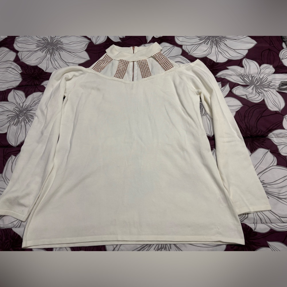 Elegant White Women's Cold Shoulder Top with Beaded Neckline